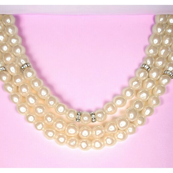 Vintage Triple Strand Faux Champagne Gradient Pearl Rhinestone 16" Necklace - Picture 1 of 3
